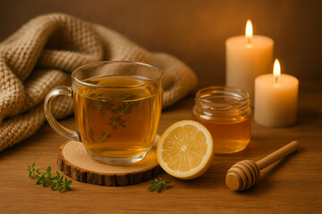 Cozy Herbal Tea with Honey and Lemon, Warm Autumn Hygge Atmosphere for Wellness, Relaxation, Self-Care and Seasonal Lifestyle Concepts