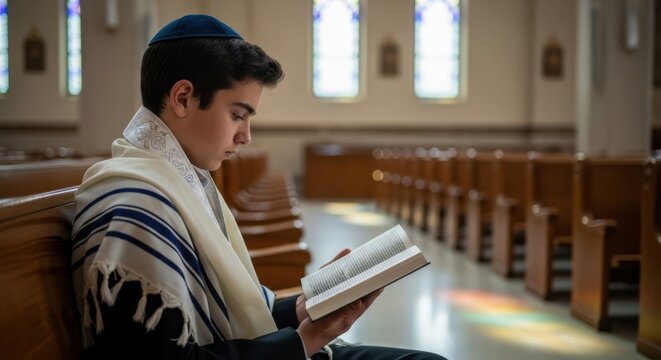 Young Jewish prayer and tradition/ Jewish faith and spirituality in synagogue atmosphere