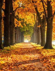 Autumnal pathway lined with golden trees