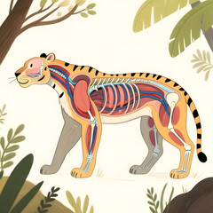 Anatomical illustration of a tiger in a jungle environment  