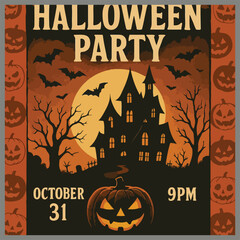 Animated Halloween flyer with glowing pumpkins, bats, haunted house, eerie fog, and text placeholder. Perfect for party promotion.