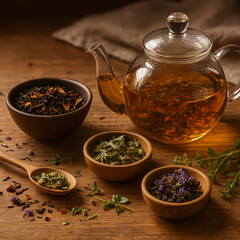 Handmade Herbal Tea with Loose Leaves, Fresh Herbs and Teapot, Cozy Wellness Scene for Relaxation, Self-Care, Aromatherapy and Natural Lifestyle Concepts