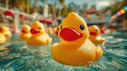 Cute yellow rubber ducks floating in swimming pool on sunny day