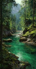 Naklejka premium Verdant mountain river valley