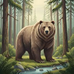 Grizzly bear standing by a stream in a dense forest setting  