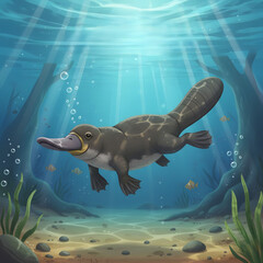 Platypus swimming underwater among aquatic plants and fish  