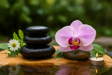 Wellness Still Life with Stones, Orchid Flowers, Candle and Water Drops, Natural Spa Concept for Relaxation, Self-Care and Mindfulness Atmosphere