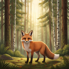 Red fox standing in a sunlit forest with trees and ferns  