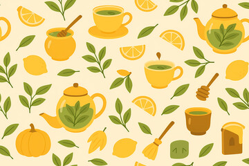 Seamless Herbal Tea Pattern with Teapots, Herbal Leaves, Lemons and Honey, Decorative Illustration for Wellness, Relaxation, Seasonal Branding and Self-Care Projects