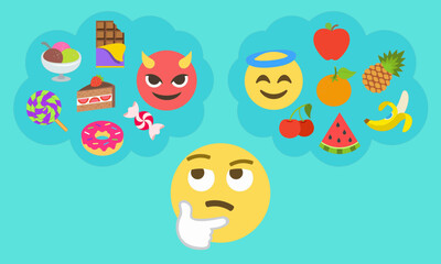 Vector illustration of thinking emoji face imagining devil sweets like candy, donut, cake, chocolate, and angel fruits like apple, banana, watermelon, and pineapple. Concept of diet choice and health.