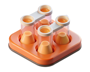 Orange liquid measurement tool set with clear tubes and conical fillers 3d illustration isolated on transparent background