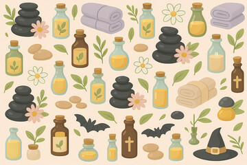 Seamless Spa Pattern with Stones, Flowers, Essential Oils and Towels, Relaxing Illustration for Wellness, Self-Care, Aromatherapy and Spa Branding Projects
