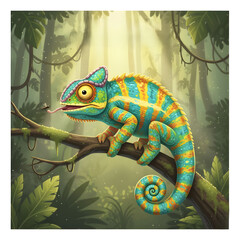 Colorful chameleon sitting on branch in tropical forest  