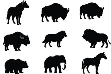 Silhouette vector illustration of wild animals including wolf, bison, lion, bear, elephant, and horse for nature, safari, wildlife design