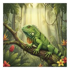 Green iguana resting on a branch in a tropical rainforest  