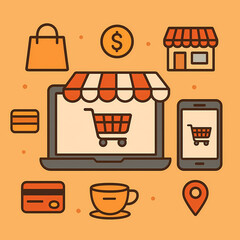 E-Commerce and Online Shopping Illustration with Laptop, Smartphone, Shopping Cart Icon and Store Elements, Modern Cartoon Style for Black Friday, Cyber Monday and Seasonal Marketing Projects