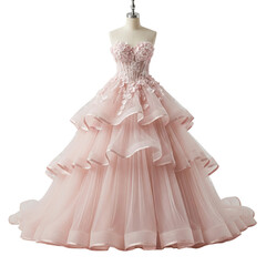 Obraz premium Romantic Blush Pink Layered Ball Gown with Floral Appliqué Bodice.