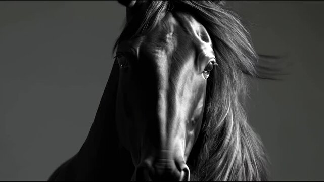 Black horse with flowing mane captured in dramatic light, emphasizing muscle texture and elegance in grayscale close-up
