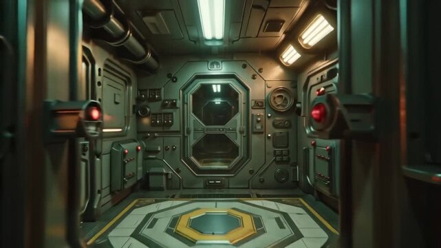Futuristic Sci-Fi Corridor with Circular Doorways and Industrial Lighting
