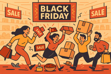 Black Friday Shopping Frenzy in Retail Store with People Running and Carrying Bags and Boxes, Chaotic Cartoon Illustration with SALE Signs for Seasonal Marketing Projects