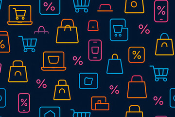 Seamless Pattern with Laptops, Smartphones, Online Shopping Carts and E-Commerce Icons, Futuristic Illustration for Black Friday, Cyber Monday and Seasonal Marketing Projects