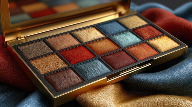 Professional eyeshadow palette with rich metallic colors in golden case on fabric background