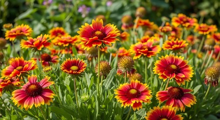 Vibrant orange and red Gaillardia flowers in a garden.