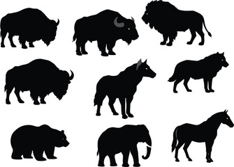 Naklejka premium Vector illustration of bison, lion, wolf, bear, elephant, and horse silhouettes, wild animal black drawings for nature and safari design