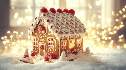 Christmas gingerbread house decorated with icing and candy with festive holiday lights in background for celebration food concept