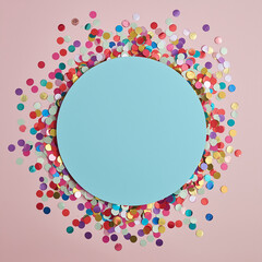 Colorful Confetti Circle Frame on Pink Background