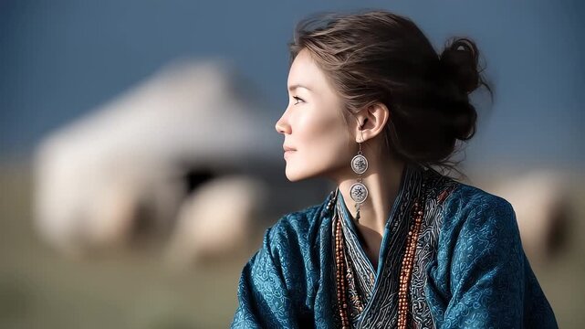 Mongolian woman gazes at the peaceful moment of her grassland home