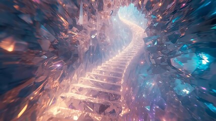 A surreal, glowing staircase ascends through a cavern of shimmering, crystalline formations, bathed in ethereal light.