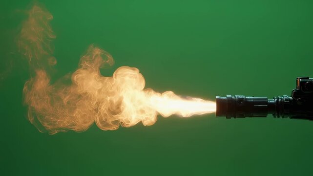 Realistic flamethrower effect created with special effects equipment, isolated on green screen background, ideal for compositing into visual effects shots