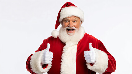 A jovial Santa Claus radiates warmth and cheer with a wide smile and thumbs up gesture, embodies the spirit of the holiday season. A vibrant depiction of a beloved festive figure.