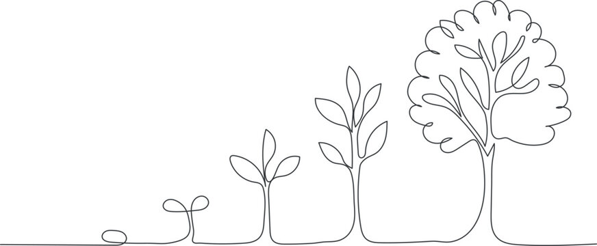 Continuous one line drawing showing tree growth