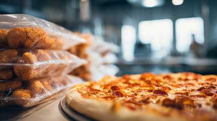 Pepperoni Pizza and Packaged Chicken Nuggets in a Commercial Kitchen