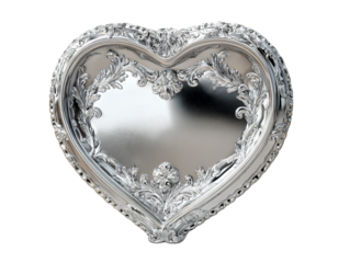  Elegant silver heart-shaped picture frame with embossed floral details, front view 3D render, isolated on transparent background PNG