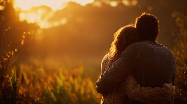 Couple embracing in a golden sunset surrounded by nature, warmth in their connection highlighted by soft glowing light and beautiful outdoor scenery.