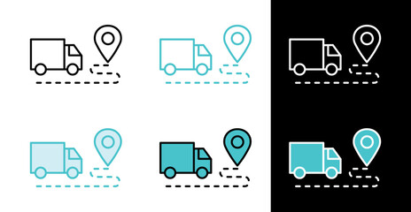 Delivery truck with location pin icon for logistics and package tracking in line and fill style