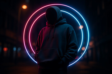 Streetwear Oversized Hoodie Mockup with Neon Orbit Angle – Urban Night Scene