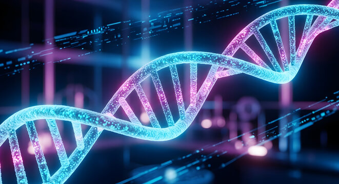 Glowing digital DNA double helix structure futuristic biotechnology and genetic research concept
