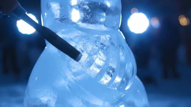 Ice sculptor skillfully chisels intricate details into a frozen figure, showcasing the artistry and craftsmanship of ice carving in a captivating illuminated environment