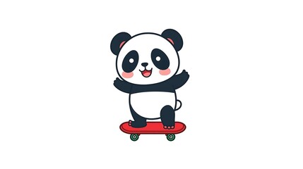 A cute cartoon panda character is happily riding a red skateboard with its arms raised in a playful gesture.