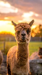 Obraz premium Alpaca in golden sunset