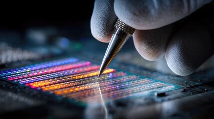 Close up of microchip with glowing circuits under microscope and precision tool