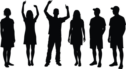 Group of people silhouette standing together, men and women in casual clothing, different poses with raised arms, teamwork, unity, friendship, community concept illustration