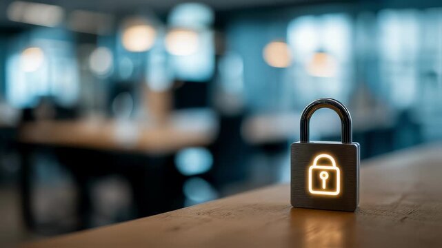 Focused medium shot of a digital padlock icon representing immutable blockchain security with an outoffocus office setting in the background.