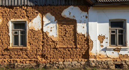 Weathered facade of an old building with visible brickwork and windows.