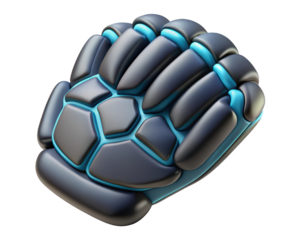 Stylized futuristic gauntlet with hexagonal plates and blue accents 3d illustration isolated on transparent background
