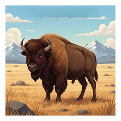 Bison standing in a grassy field with mountains in the background  